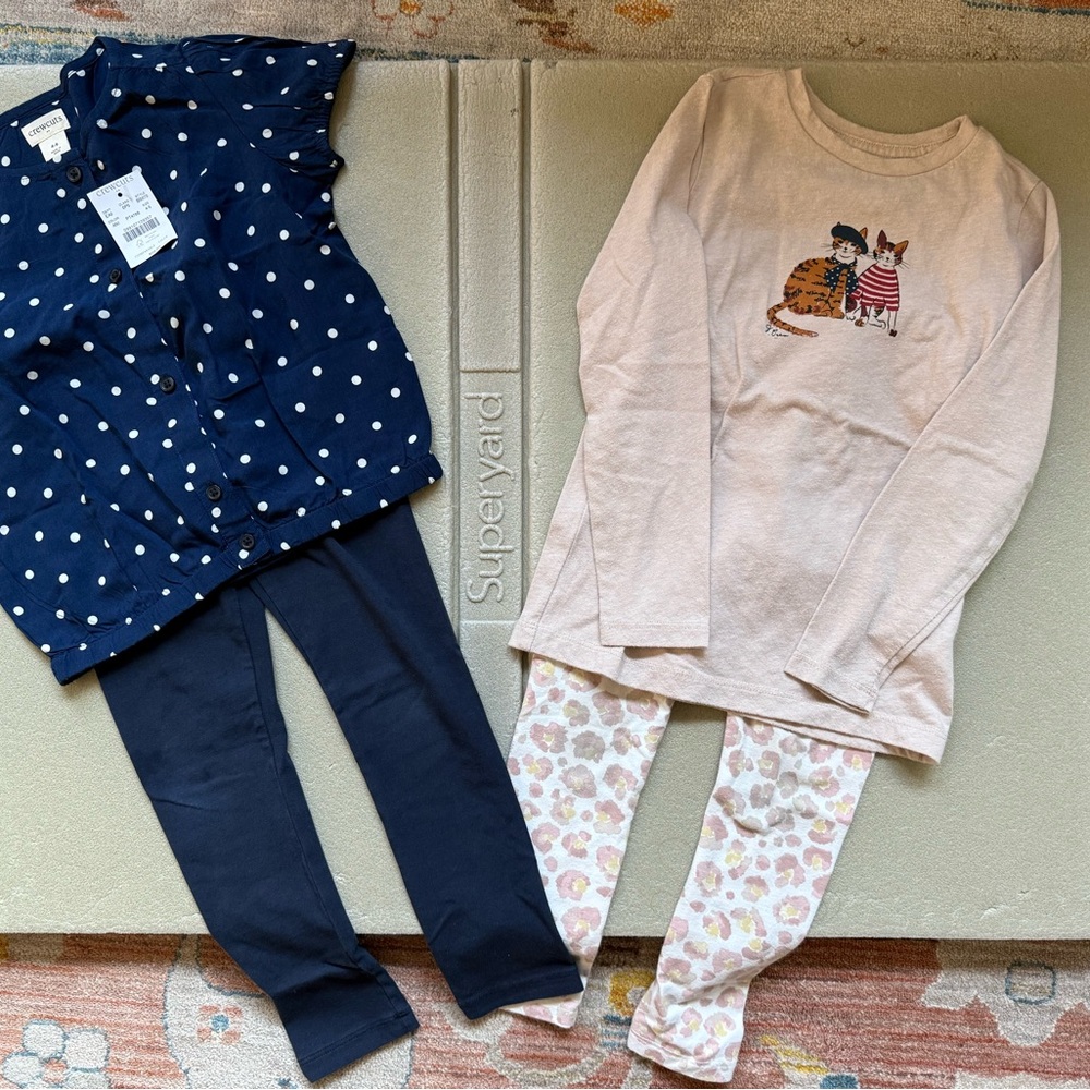 JCrew Crewcuts Girls 4T Bundle Navy Polka Dot and Pink Cats Top and Bottom Set